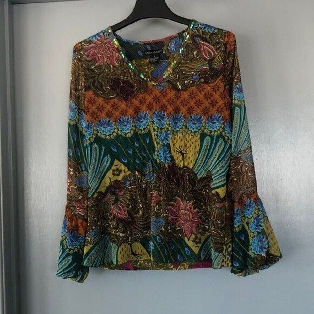 KAREN ARNOLD Women's M BOHO Sequins V-Neck ruched waist long sleeves top